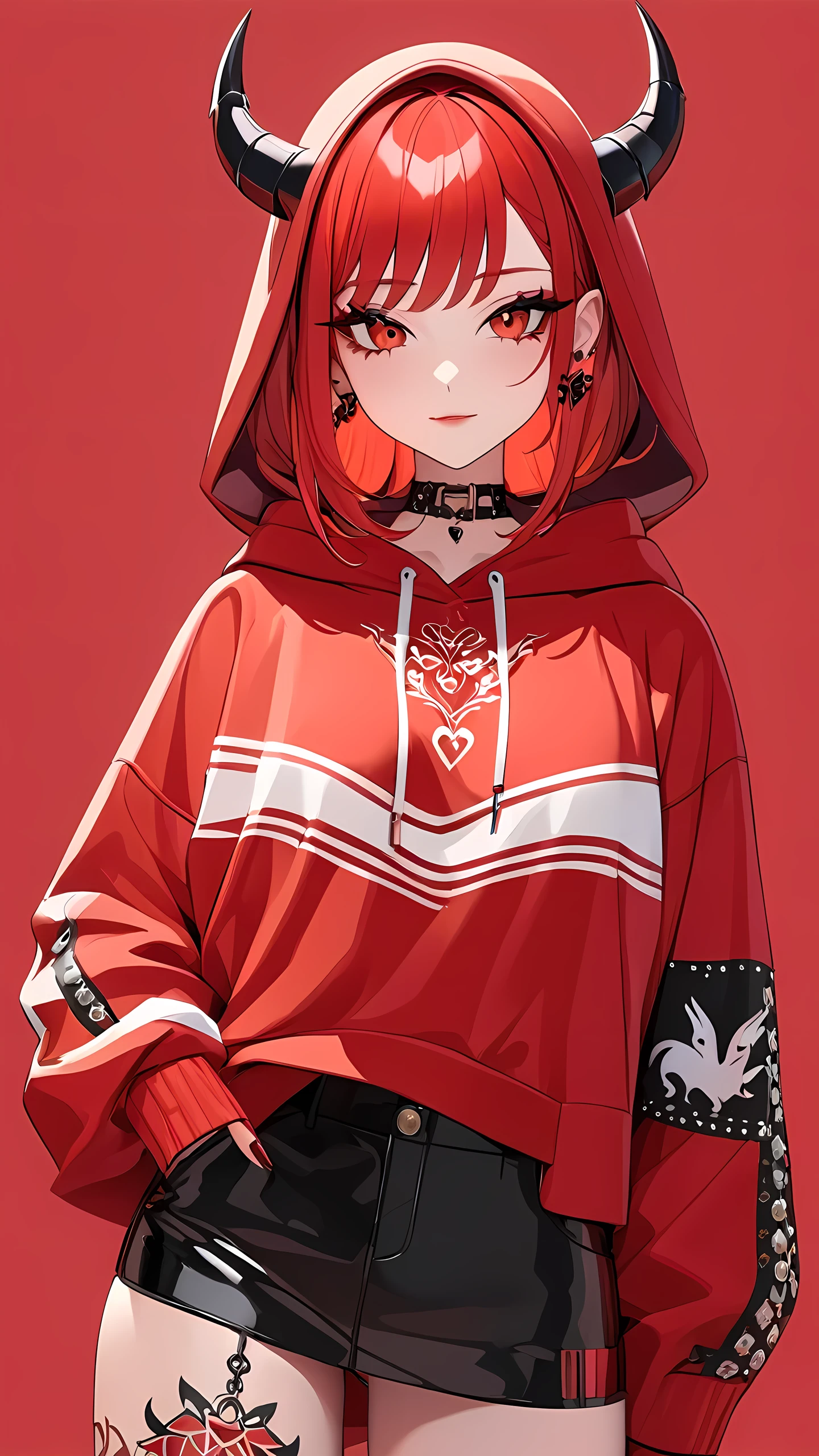 a 3D animated character,1girl, Her decked out in an big red themed ensemble,complete with a hoodie adorned, Her laid-back demeanor contrasts with the vibrant,demon accessories, ((on an red background)), array of tattoos, masterpiece,best quality,
