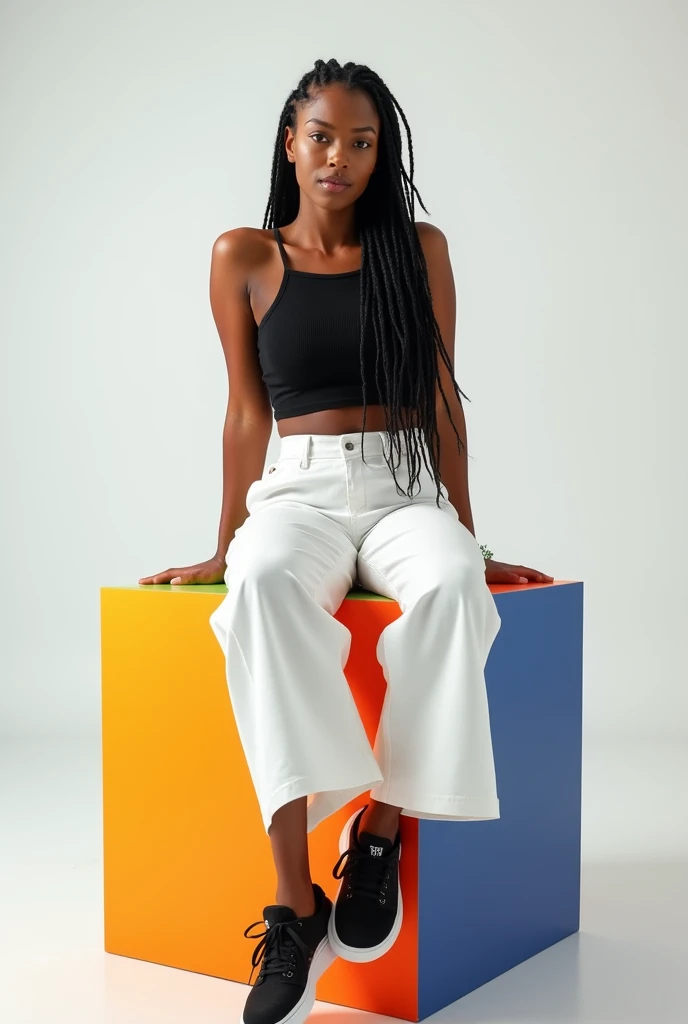 best qualityer:1.4), (ultra high resolution:1.2), (photorrealistic:1.4), (8k, CRU photo:1.2), 1 woman aged 26. black. Black braided hair.She's wearing a black crop top. He is wearing white palazzo pants. black sneakers. She is sitting on top of a colorful cube. You are in a photography studio with a white background. She is Brazilian.