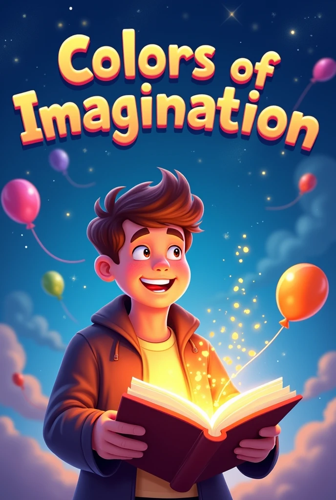 Create a cover for a children&#39;s eBook The cover should be vibrant, with bright and cheerful colors. Include elements like a starry sky, colorful balloons and a smiling man holding a magic book that emits light. The title "Colors of Imagination" must be highlighted at the top, with a fun font and .
