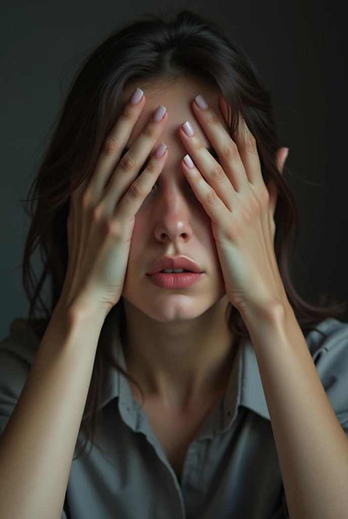 face of a woman covering her eyes and with a neutral gesture on her mouth