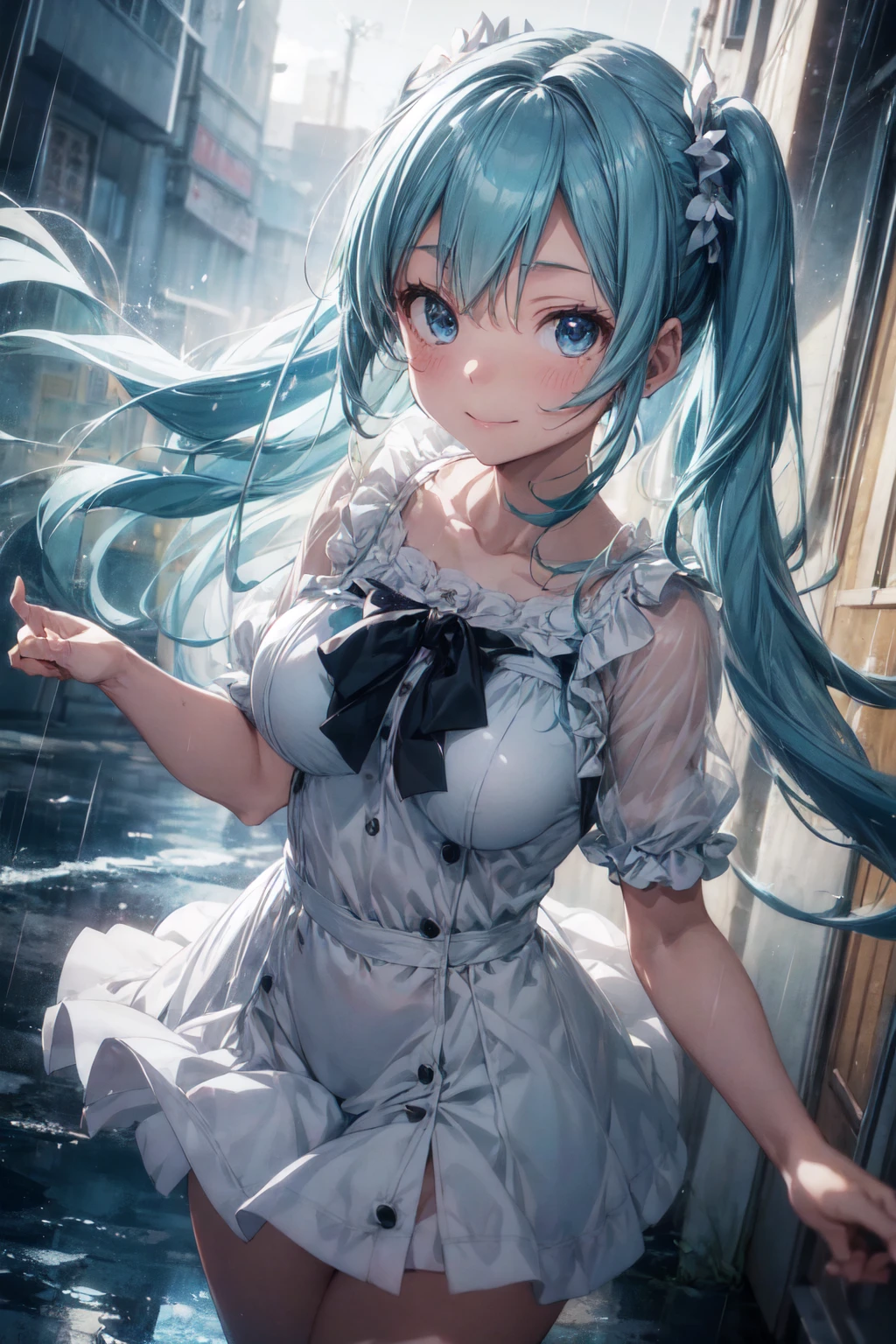 The background is natural, with a blue sky in the style of Makoto Shinkai.。
Hatsune Miku in a shoulder-baring dress。
The color of the dress is white。
A sexy, mature atmosphere reminiscent of Minato Ward girls。
Hair is straight。
長い髪,