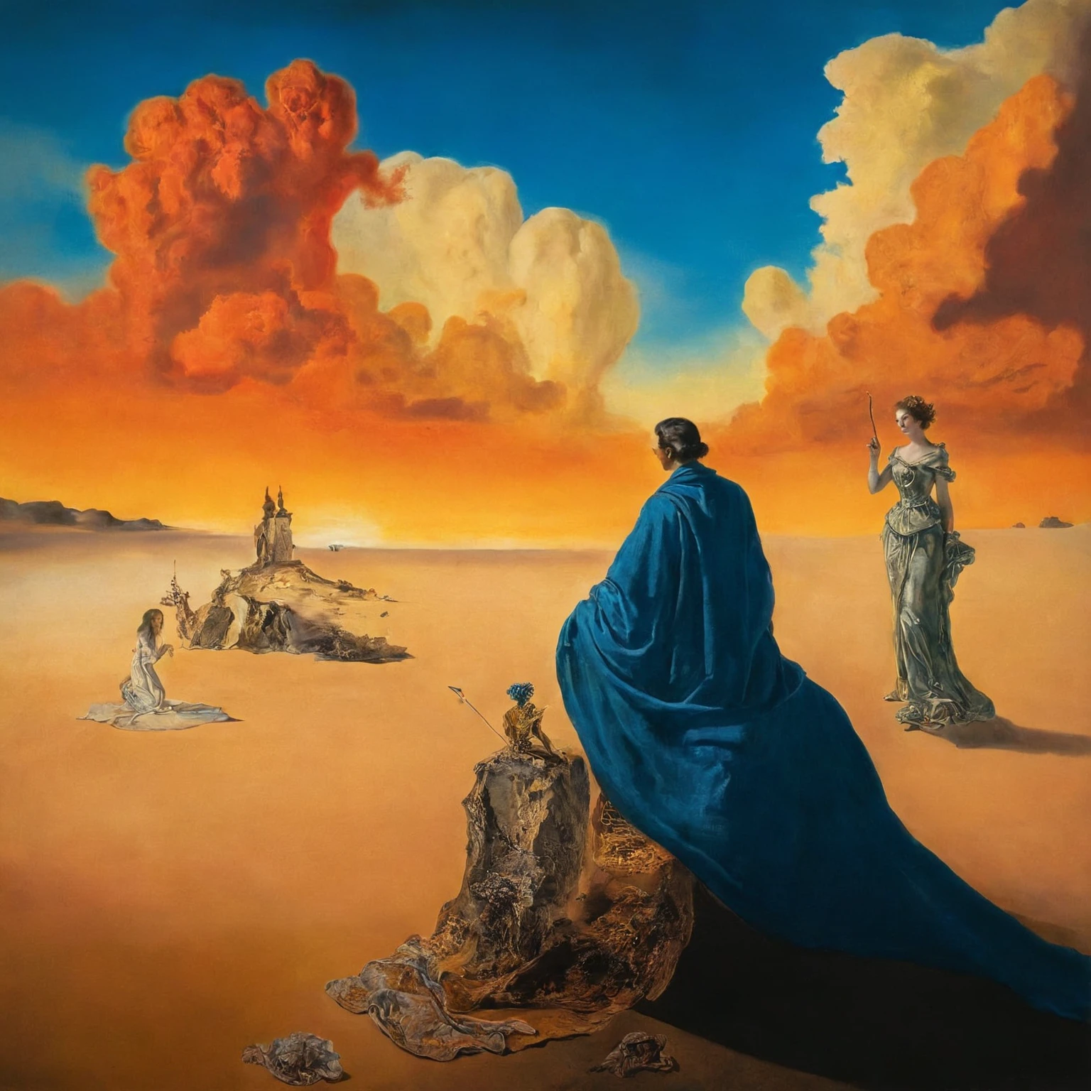 Flow of time by Salvador Dali,Magic,(style of Jean-Antoine Watteau):0.1.       The image is a digital artwork depicting a serene scene on a beach at sunset with three person s., with a small figure standing at the bottom. The image is a captivating depiction of an ancient civilization, set in a desert landscape under a cloudy blue sky.