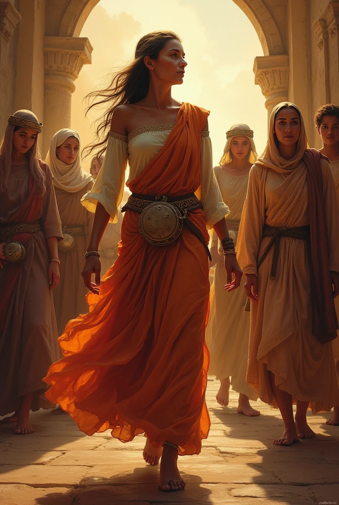 The topic of my presentation is "Women in the Bible" and I want to create an image from a specific Bible verse which is Exodus chapter 15, verse 20, which says: "Mary, the prophetess, picked up a tambourine, and behind her came all the women playing tambourines and dancing".