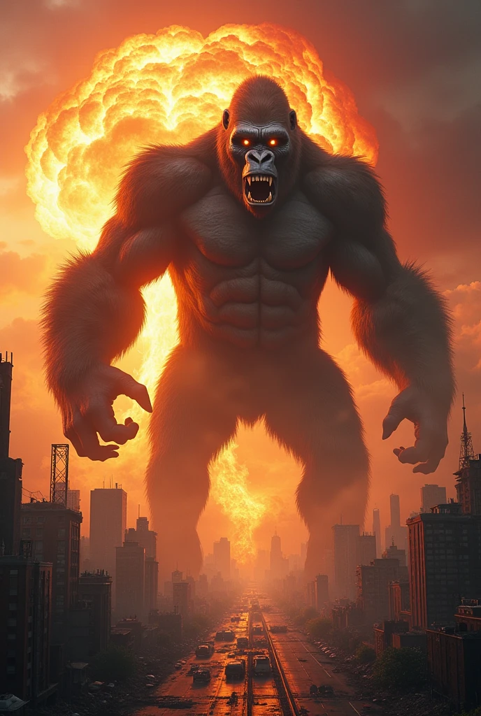 Giant, evil gorilla blowing up cities with a nuclear bomb 
