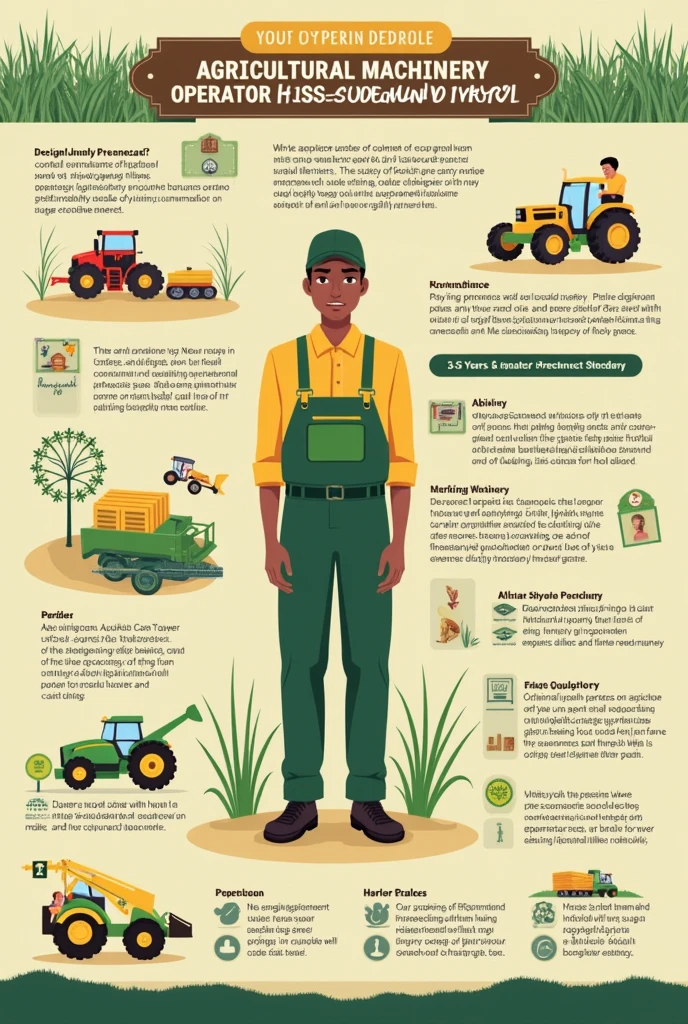 Make an infographic in an image with that data Age: 25-50 years.
Gender: Indistinct.
Education Level: Basic or secondary education.
Experience: 3-5 years of experience in operating agricultural machinery, specifically in the sugar cane harvest.
Location: Rural areas dedicated to sugar cane cultivation.
Knowledge in the operation of heavy machinery.
Familiarity with agricultural safety regulations.
Ability to perform basic maintenance on equipment.
Able to operate efficiently in difficult terrain without requiring frequent repairs.