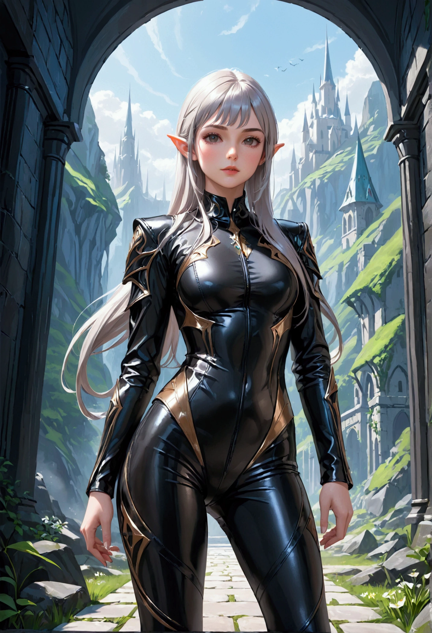 Elven girl in latex leggings and leather Jacket
