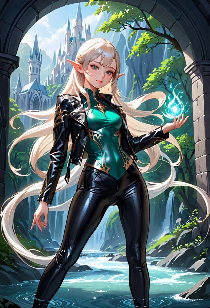 Elven girl in latex leggings and leather Jacket