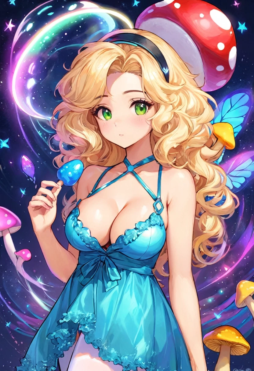 a beautiful 20 year old blonde woman with big messy hair in a blue dress, white stockings, black headband, cleavage, holding a glowing mushroom, fantasy art style, rossdraws cartoon vibrant, cute detailed digital art, colorfull digital fantasy art, digital fantasy art ), glossy digital painting, rossdraws pastel vibrant, rossdraws 2. 5, rossdraws 1. 0, pokie nipples.