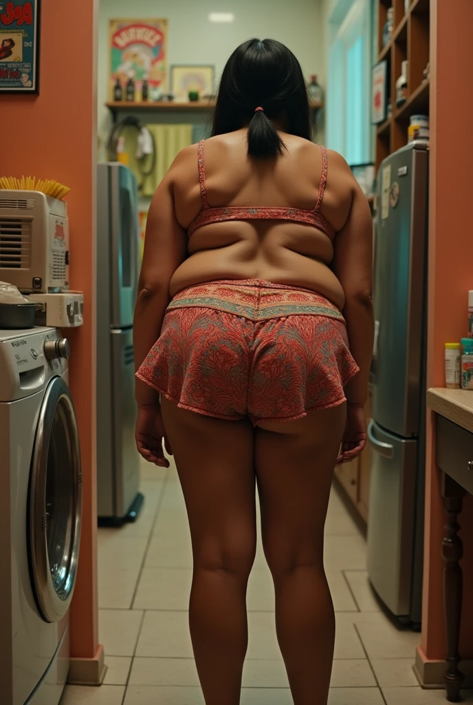 Fat Mexican whore in a miniskirt bending over looking for something