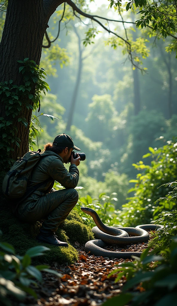 A photographer is capturing a photo of a snake in the jungle. The scene is set in a lush, dense forest with towering trees and thick underbrush. Sunlight filters through the canopy, casting a soft, dappled light on the ground. The photographer, dressed in camouflage gear, crouches behind a large tree, camera poised to capture the majestic tiger as it prowls gracefully through the foliage. The atmosphere is tranquil and immersive, with a hint of excitement in the air as the photographer waits for the perfect shot.