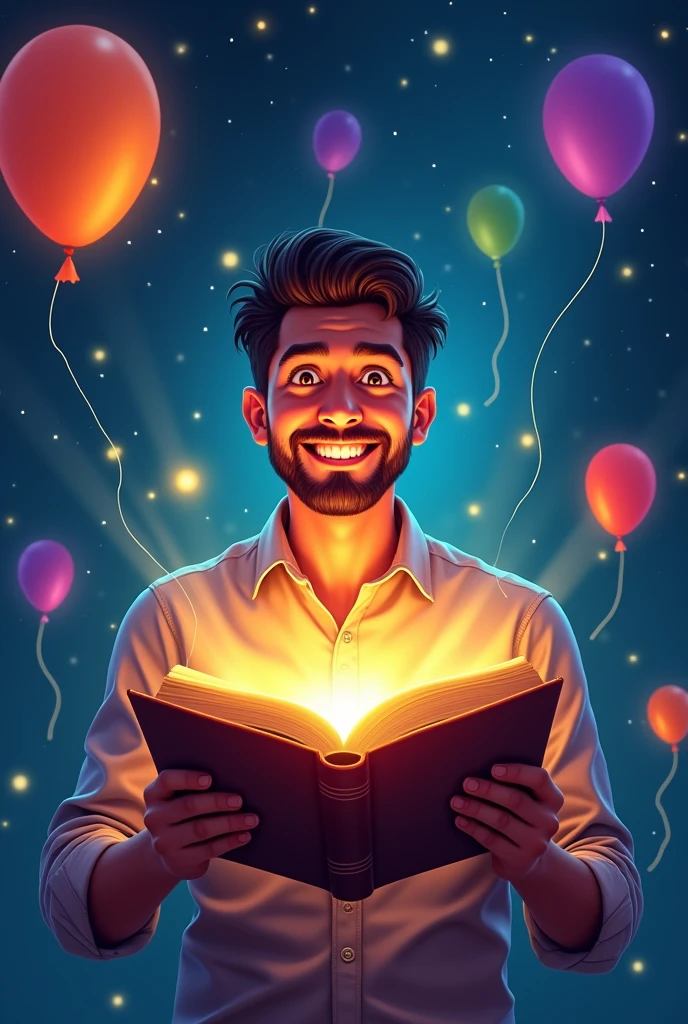Create a cover for an eBook The cover should be vibrant, with bright and cheerful colors. Include elements like a starry sky, colorful balloons and a smiling man holding a magic book that emits light.