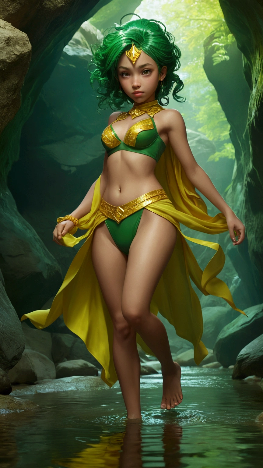 A big-eyed anime-like girl dressed in green and yellow walking along a river, 6 years old breasts and navel exposed, bare arms, well contoured exposed legs, barefoot.Walk inside a brightly lit cave,magical,water reflections very well.Artgerm Julie Bell Beeple, epic 3d oshun, extremely detailed artistic germ, [ trend on CGSociety ]!!, inspired by cg society, CGSOCIETY contest winner!!, Iván Talavera and Artgerm Style, Senna de League of Legends