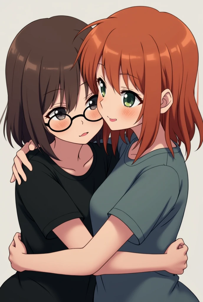 2 girl, friends, hugging tightly, emo/scene atrstyle. The first girl with brown slightly long hair a little messy and not straggly, the main length lies on the shoulders and a slanting fringe covering the left eye, gray-blue eyes and a black T-shirt, with round glasses, a little shorter, more cheerful. The second girl is reddish-orange slighty long hair, about the same hairstyle as the first girl only more neat and slightly round, quite lush hair and bangs in different directions across the forehead, dark green eyes, gray-blue T-shirt, slightly taller, more calm.