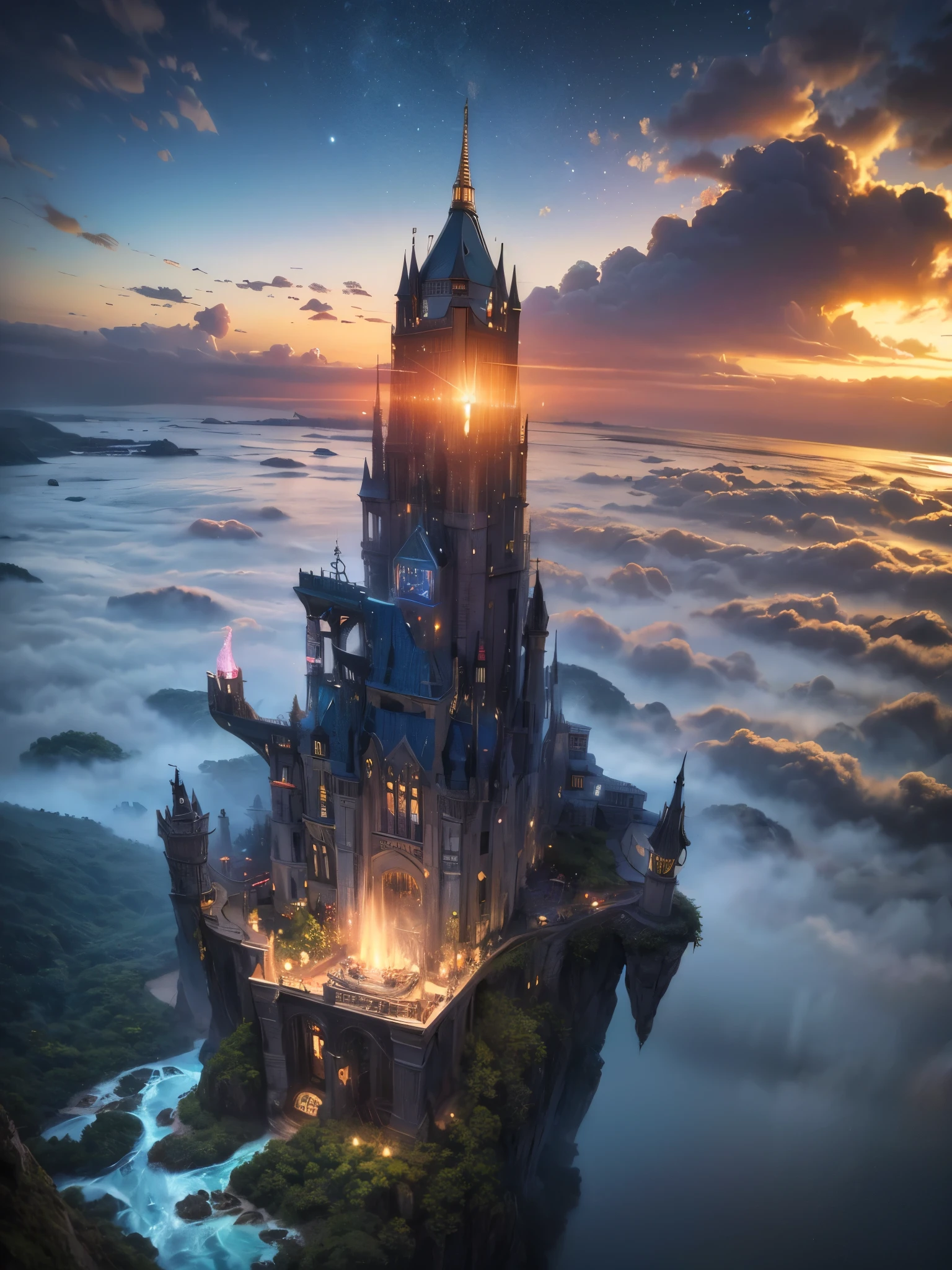 (8k, highest quality, masterpiece, final fantasy style: 1.2), (unRealistic, photoRealistic: 1.37), bright sunny day ,Dreamy landscape, Fantasy, Unsurreal landscapes, Super detailed, Flying Castle, Floating Island in the Sky, Seven-colored swirl of light, Intense lightning, milky way, Complex Light, Colored light, Large Lake, Starry sky reflected on the lake surface, Countless shining stars, Meteors, Reflections , (A pillar of light emanated from the ground:1,2), roses and orchids gardens , sunset, pink clouds, waterfalls in the sky, realistic style, Hyperrealism drawing, a flying pirate spaceship floating at the clouds level, burning skyscrapers, cyborgs, timeless realms, stunning princess , floating hair, pink lipstick, cute, naked shoulders , casting spell, healing light magic effect, in a magical lagoon of the fairyland, crystal clear water surface reflections, sharp focus, looking at viewer, (close-up:0.9), (bright white theme:1.2), (bright white tone:1.2), (deep blue tone:1.3), realistic, Hyperrealism,