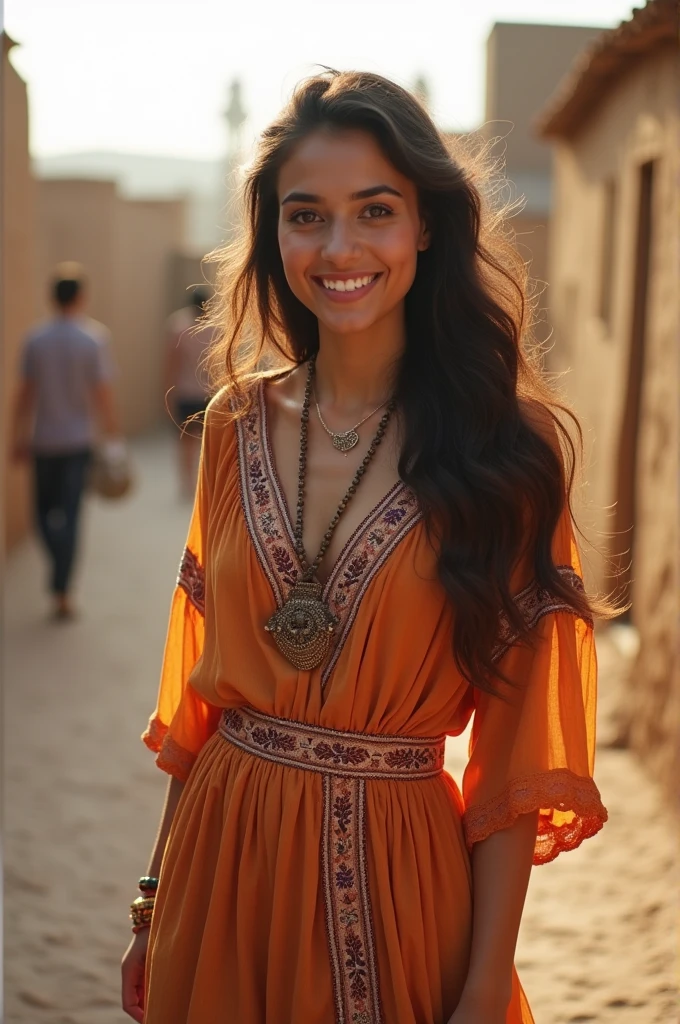 Beautiful smile, Arab girl, curvy hourglass body,
Walking in village