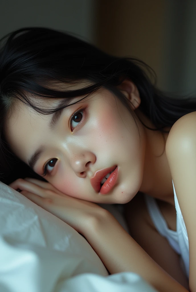 a close up of a person laying on a bed, beautiful japanese girls face, young female face, detailed face of a asian girl, clear cute face, closeup on face, closeup face, anime girl in real life, sad look, pouty lips, close camera, soft round face, very very very beautifull face, upclose, small nose with freckles