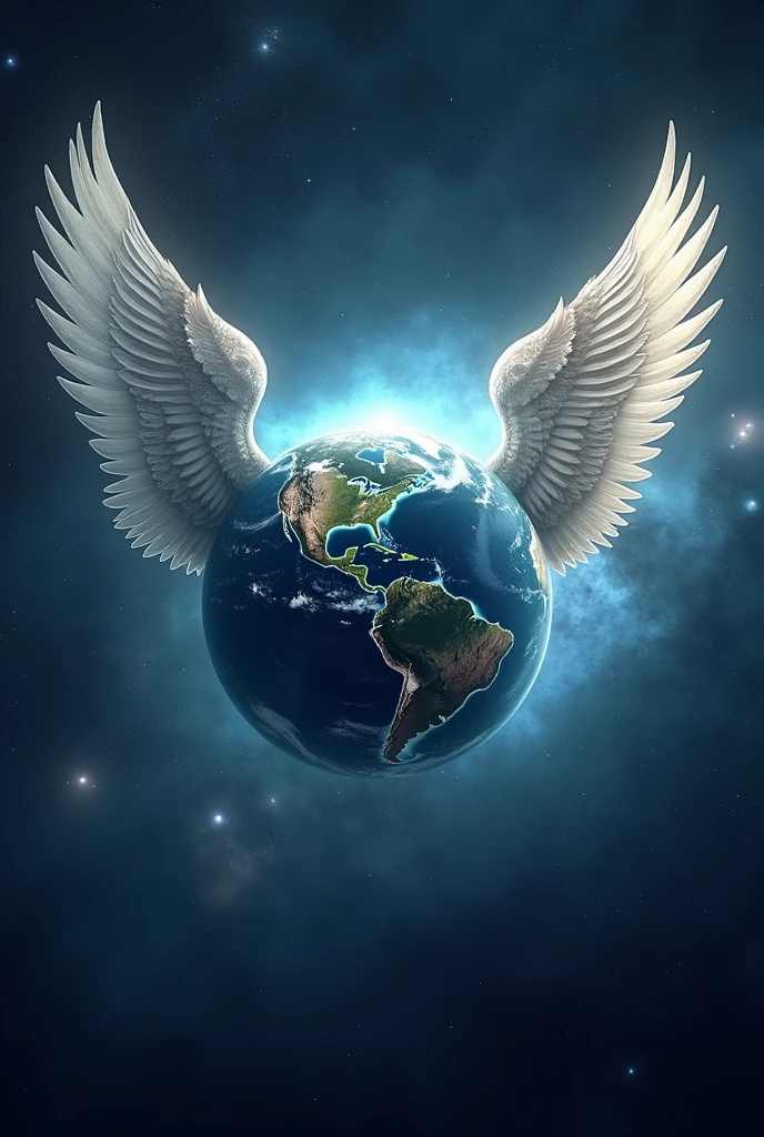 Planet Earth with wings and the map of Brazil facing forward, having the universe as a background