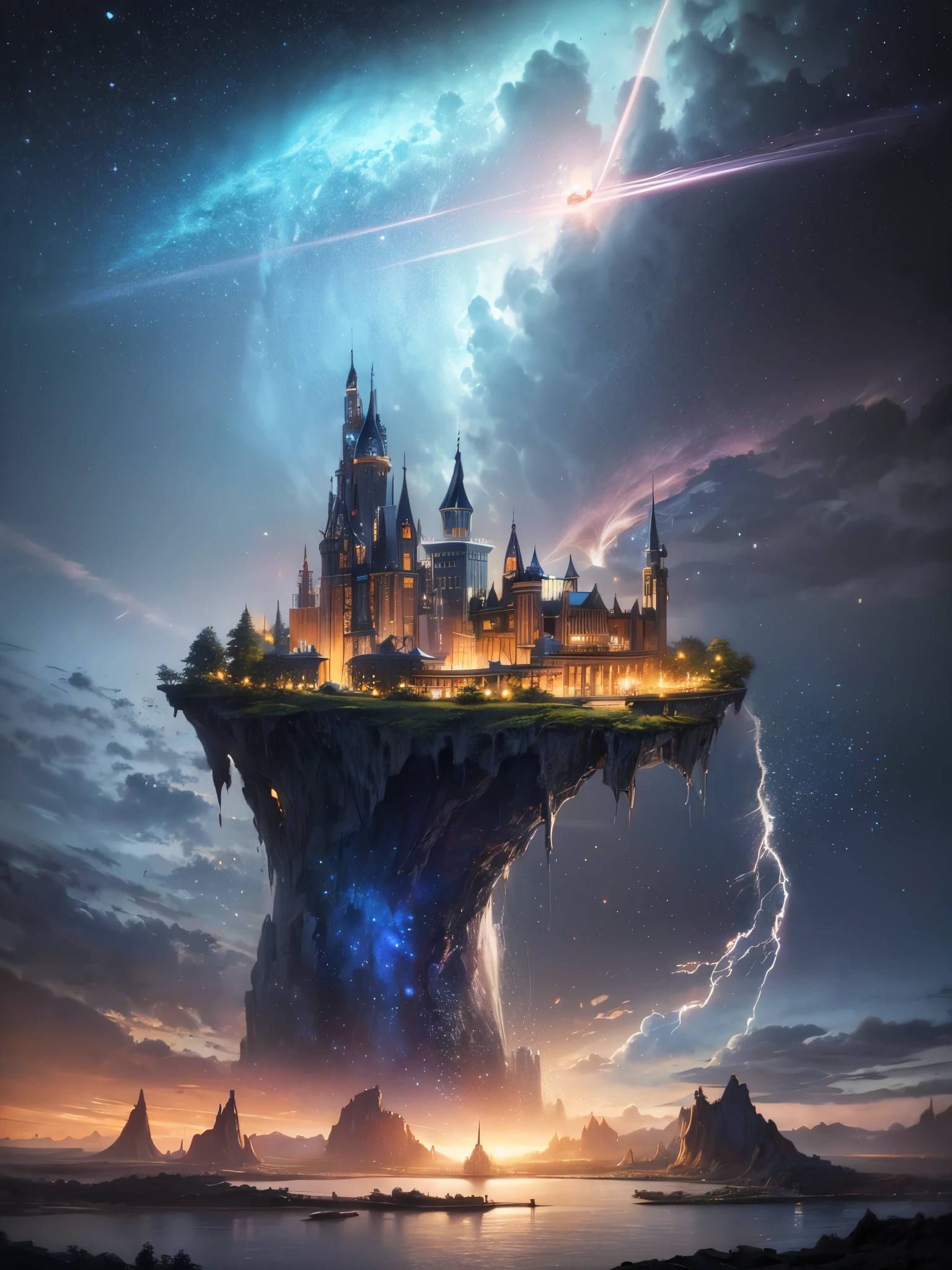 (8k, highest quality, masterpiece, final fantasy style: 1.2), (unRealistic, photoRealistic: 1.37), bright sunny day ,Dreamy landscape, Fantasy, Unsurreal landscapes, Super detailed, Flying Castle, Floating Island in the Sky, Seven-colored swirl of light, Intense lightning, milky way, Complex Light, Colored light, Large Lake, Starry sky reflected on the lake surface, Countless shining stars, Meteors,  Reflections , (A pillar of light emanated from the ground:1,2), roses and orchids gardens , sunset, pink clouds, waterfalls in the sky, realistic style, Hyperrealism drawing, a flying pirate spaceship floating at the clouds level, burning skyscrapers, cyborgs, timeless realms, stunning  princess  , floating hair, pink lipstick, cute, naked shoulders ,  casting spell, healing light magic effect, in a magical lagoon of the fairyland, crystal clear water surface reflections, sharp focus, looking at viewer, (close-up:0.9), (bright white theme:1.2), (bright white tone:1.2), (deep blue tone:1.3), realistic, Hyperrealism,