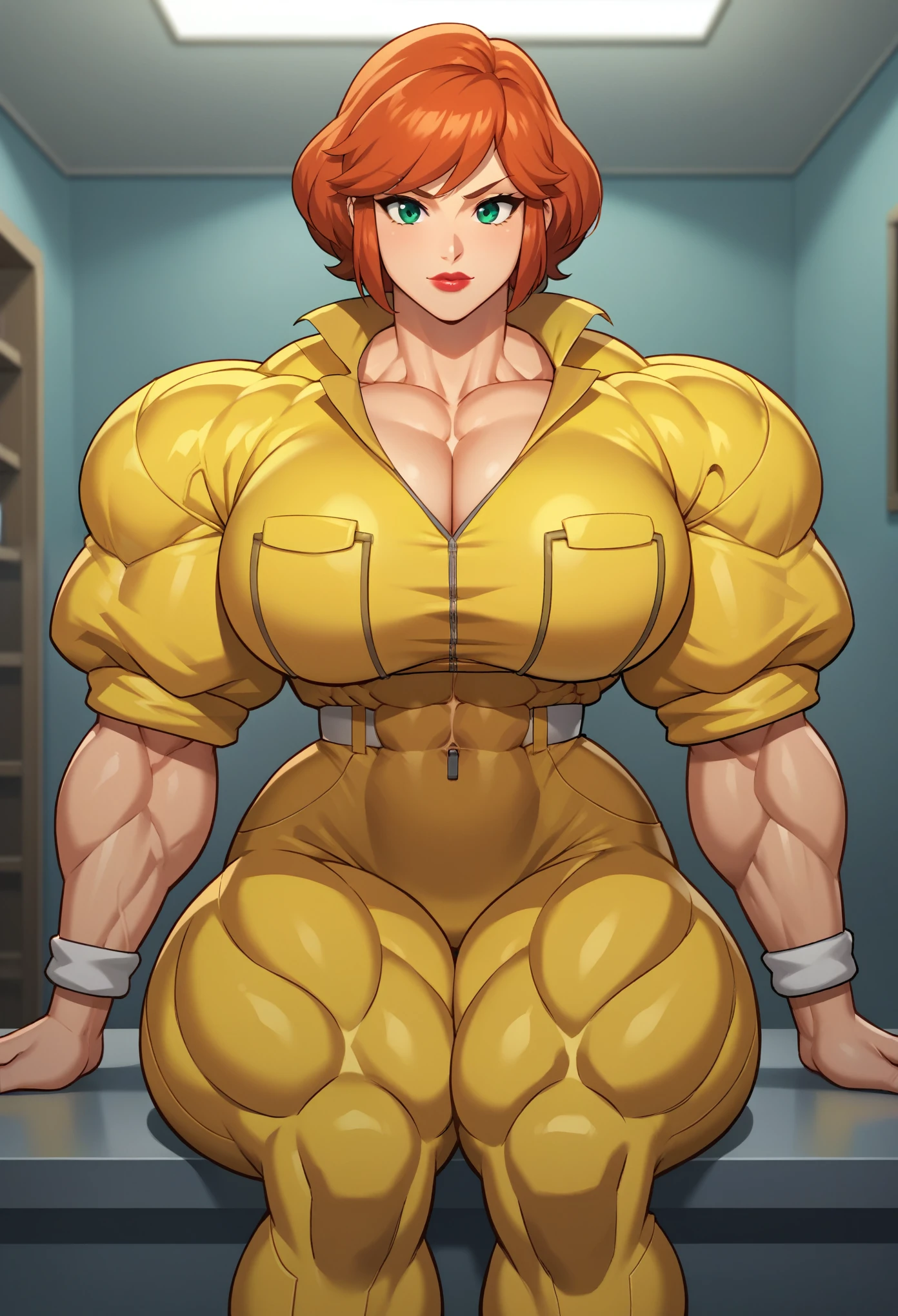 score_9,score_8_up,score_7_up BREAK april2003,1girl,short hair,green eyes,red hair,yellow jumpsuit,uniform,clavage,sleeves rolled up,lipstick,room,room background,cowboy shot,sitting,, muscle girl, muscle body, huge muscles, massive muscles, huge biceps, massive biceps, oversized biceps, gigantic biceps, hyper biceps, abs,  thigh muscles