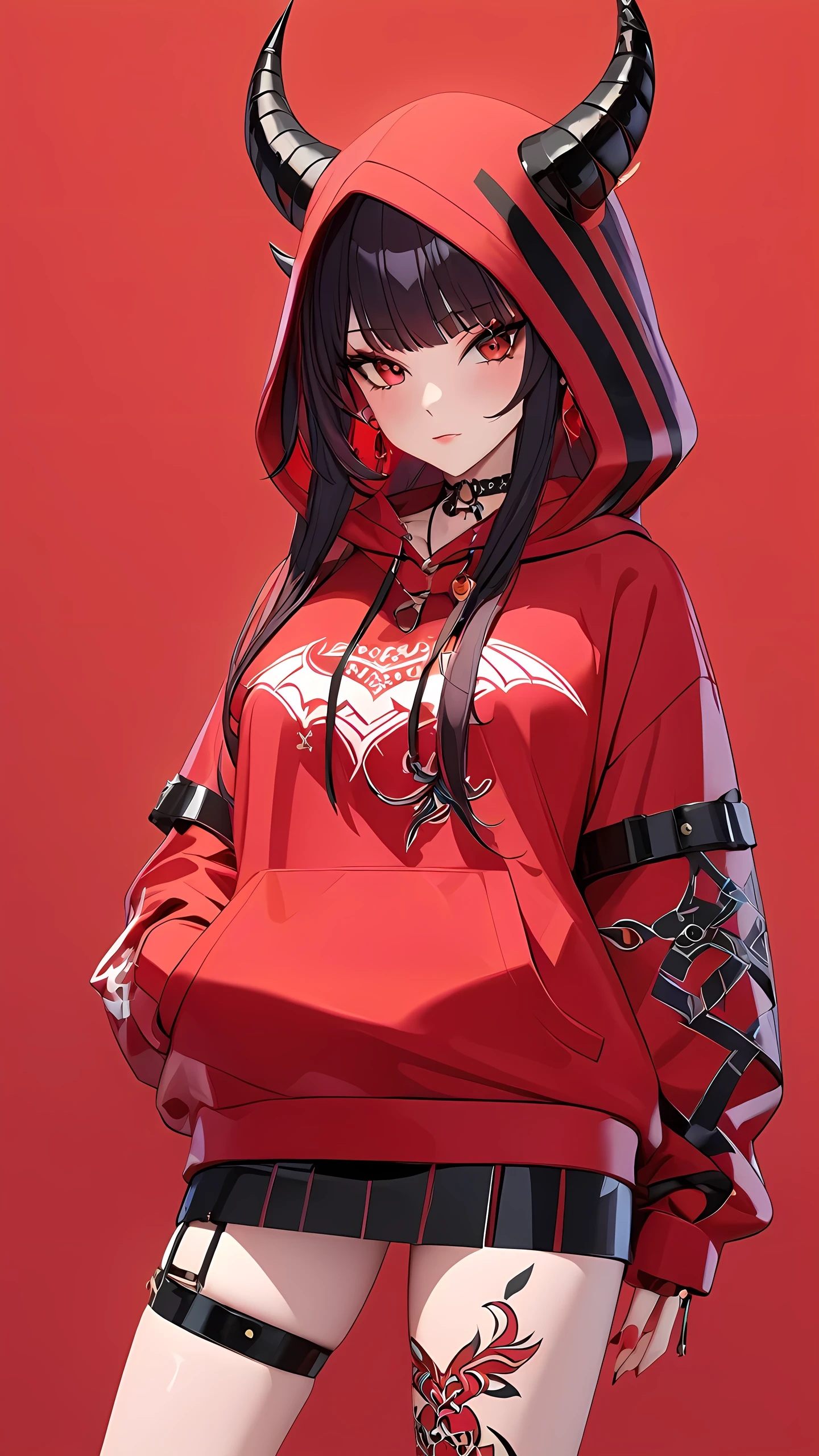 a 3D animated character,1girl, Her decked out in an big red themed ensemble,complete with a hoodie adorned, Her laid-back demeanor contrasts with the vibrant,demon accessories, ((on an red background)), array of tattoos, masterpiece,best quality,