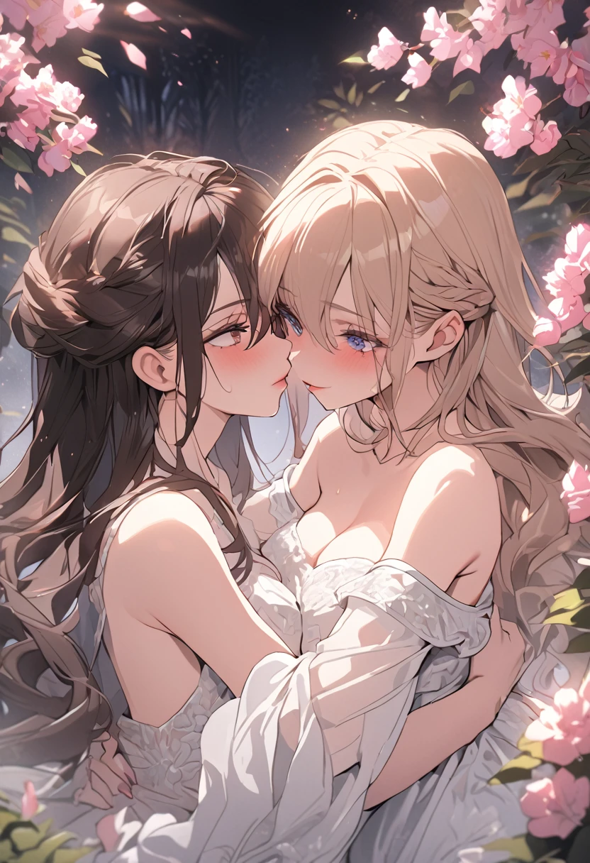 a sensual romantic intimate sex between two beautiful girls,two attractive short clothes women passionately embracing and kissing in a garden,two female lovers intimately embracing and having sex tenderly, 1 ginger girl, 1 brunette girl,beautiful perfect detailed eyes,beautiful detailed lips,extremely detailed eyes and face,long eyelashes,soft skin,flawless porcelain skin, very romantic intimate lesbian couple,dark light,sexual,intimate,dramatic,cinematic,masterpiece,best quality,8k,ultra-detailed,vivid colors