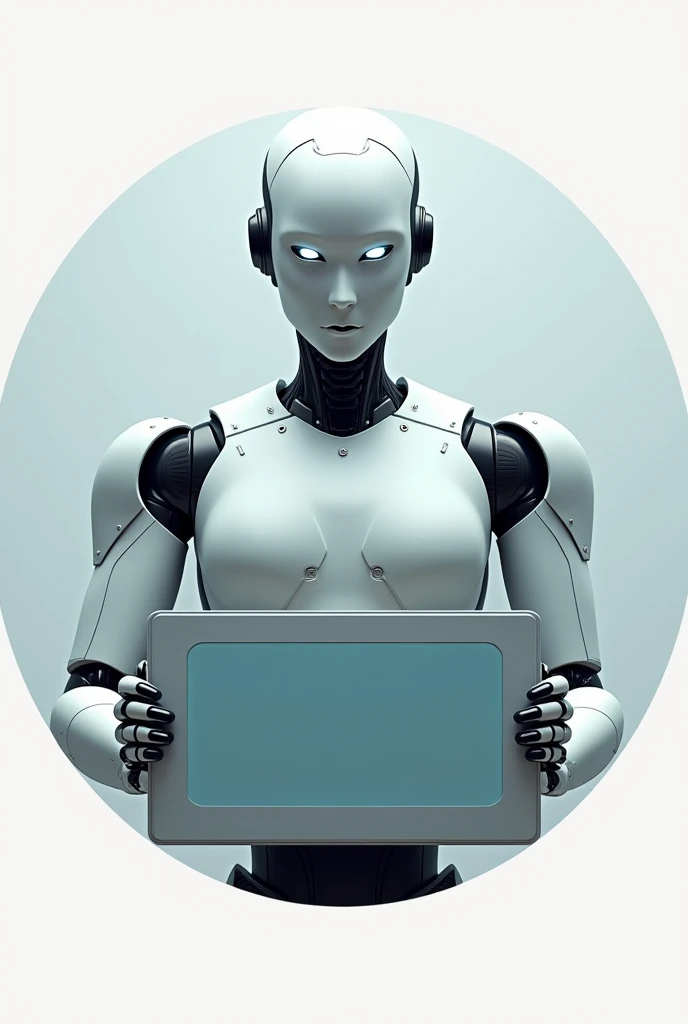 a round picture of a robot, holding a blue and gray colored board