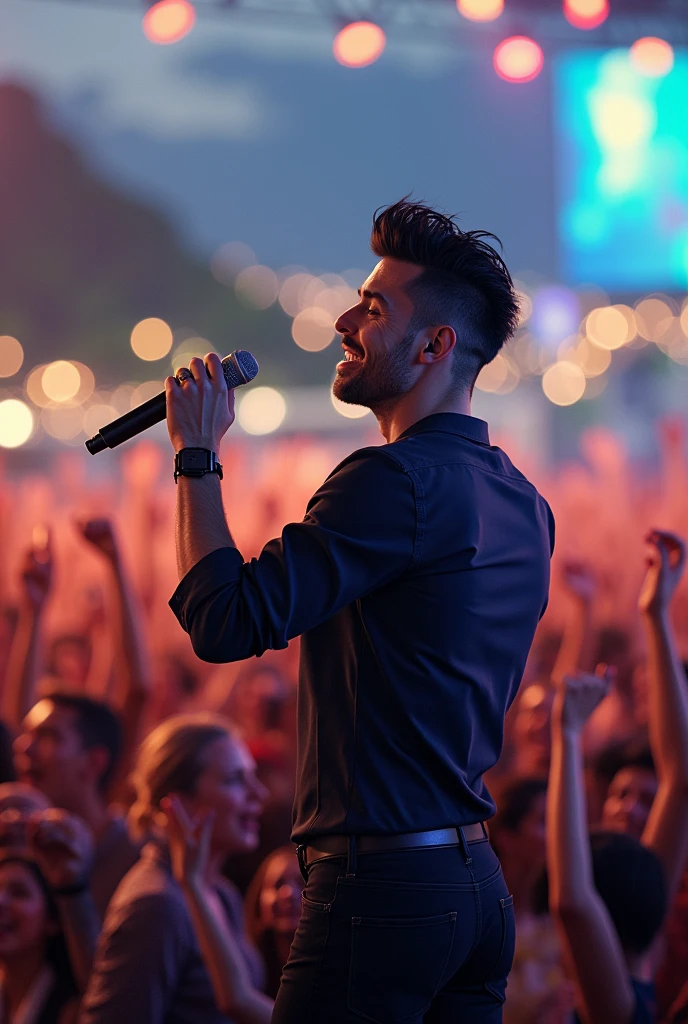 White man with a black quiff singing on a stage in Rio de Janeiro with an audience singing around him.