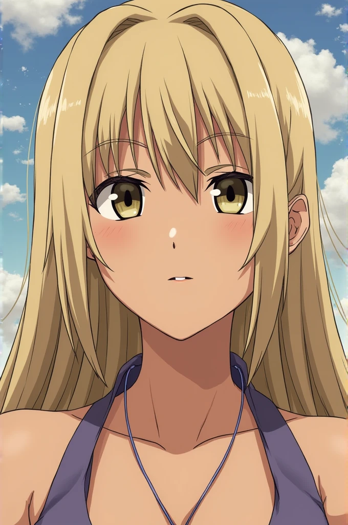 ShiinaMashiro, 1girl, close-up, full body, (lying, on stomach, arms crossed), breasts, cleavage, round ass, small ass, swimsuit, bare shoulders, blue sky, off shoulder, strapless, long hair, bangs, looking at viewer, outdoors, sun, bare shoulders