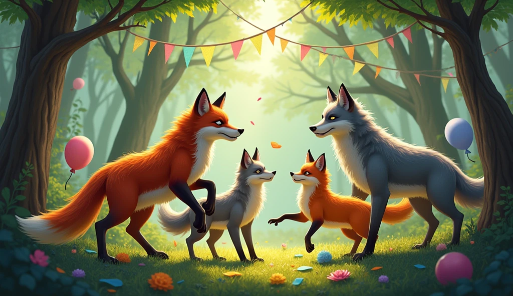 ANGRY FOXES HAPPY WITH WOLVES IN THE FOREST PARTY JUMPING