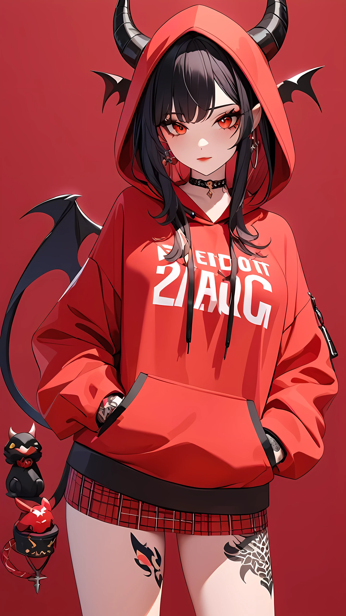 a 3D animated character,1girl, Her decked out in an big red themed ensemble,complete with a hoodie adorned, Her laid-back demeanor contrasts with the vibrant,demon accessories, ((on an red background)), array of tattoos, masterpiece,best quality,