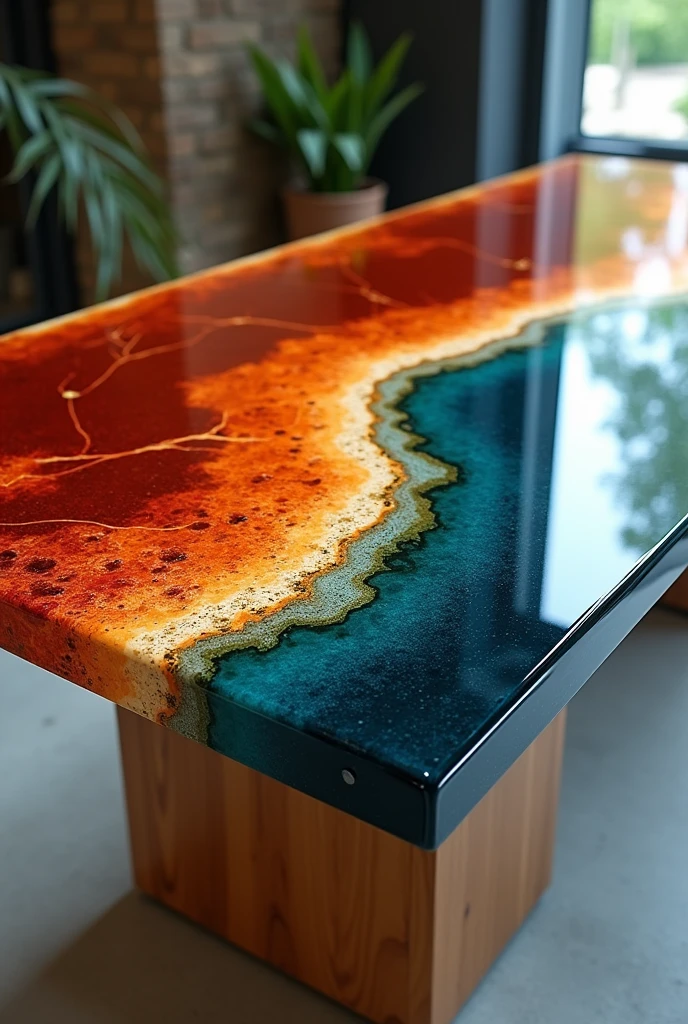 Create an image of epoxy table with 2 different colors on the table about 50% and the base should be of wood
