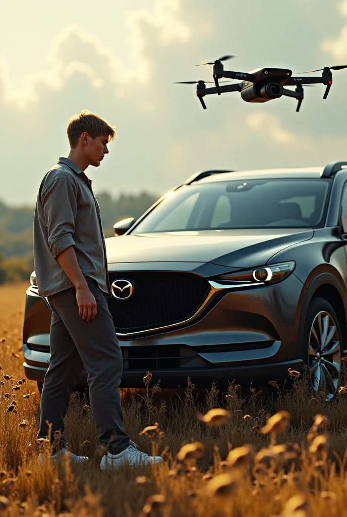 Create a picture of a man around 30 years old, standing next to a large Mazda CX90 SUV. The car is dark grey. 

The man is dark blond and has short hair. The man has no beard. He wears loose clothes. A drone hovers next to the vehicle. A bee colony stands next to the vehicle. Honey bees flying around.