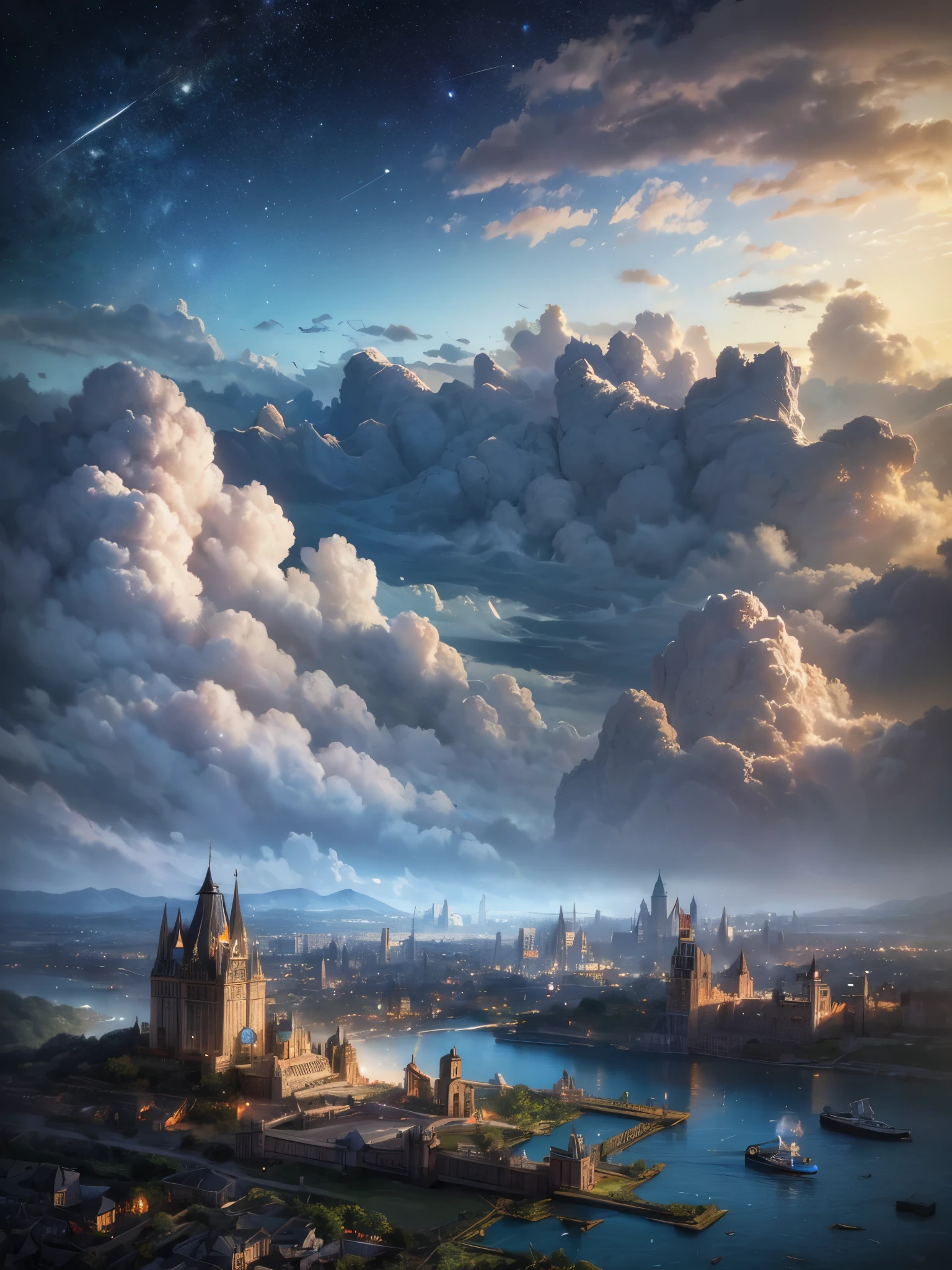 (8k, highest quality, masterpiece, final fantasy style: 1.2), (unRealistic, photoRealistic: 1.37), bright sunny day ,Dreamy landscape, Fantasy, Unsurreal landscapes, Super detailed, Flying Castle, Floating Island in the Sky, Seven-colored swirl of light, Intense lightning, milky way, Complex Light, Colored light, Large Lake, Starry sky reflected on the lake surface, Countless shining stars, Meteors,  Reflections , (A pillar of light emanated from the ground:1,2), roses and orchids gardens , sunset, pink clouds, waterfalls in the sky, realistic style, Hyperrealism drawing, a flying pirate spaceship floating at the clouds level, burning skyscrapers, cyborgs, timeless realms, stunning  princess  , floating hair, pink lipstick, cute, naked shoulders ,  casting spell, healing light magic effect, in a magical lagoon of the fairyland, crystal clear water surface reflections, sharp focus, looking at viewer, (close-up:0.9), (bright white theme:1.2), (bright white tone:1.2), (deep blue tone:1.3), realistic, Hyperrealism,