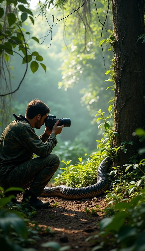 A photographer is capturing a photo of a snake  in the jungle. The scene is set in a lush, dense forest with towering trees and thick underbrush. Sunlight filters through the canopy, casting a soft, dappled light on the ground. The photographer, dressed in camouflage gear, crouches behind a large tree, camera poised to capture the majestic tiger as it prowls gracefully through the foliage. The atmosphere is tranquil and immersive, with a hint of excitement in the air as the photographer waits for the perfect shot.