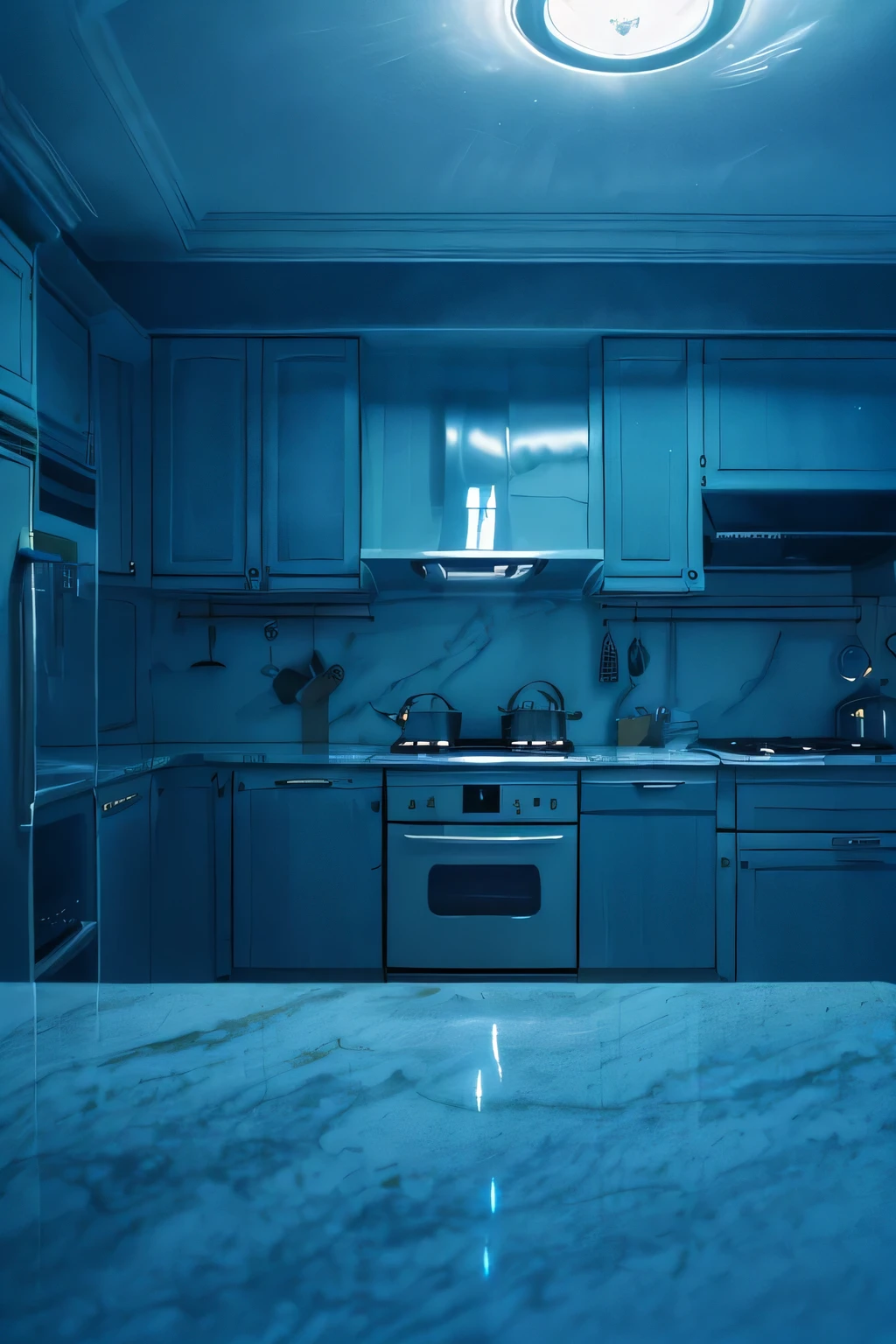 a white dreamy house, luxury modern kitchen, retro, foggy, soft focus, year of 1995, cool lighting, muted pastel colors, glowing atmosphere, dramatic shadows, cinematic composition, dream-like quality, ethereal, romantic, soft focus photography, dark blue hour, midnight, windy, marble, silver and mirrors, hazy