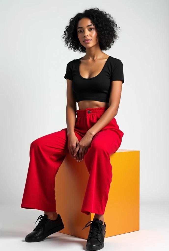 best qualityer:1.4), (ultra high resolution:1.2), (photorrealistic:1.4), (8k, CRU photo:1.2), 1 woman aged 26. black. short black wavy hair.She's wearing a black crop top. He's wearing red palazzo pants. black sneakers. She is sitting on top of a colorful cube. You are in a photography studio with a white background. She is Brazilian.