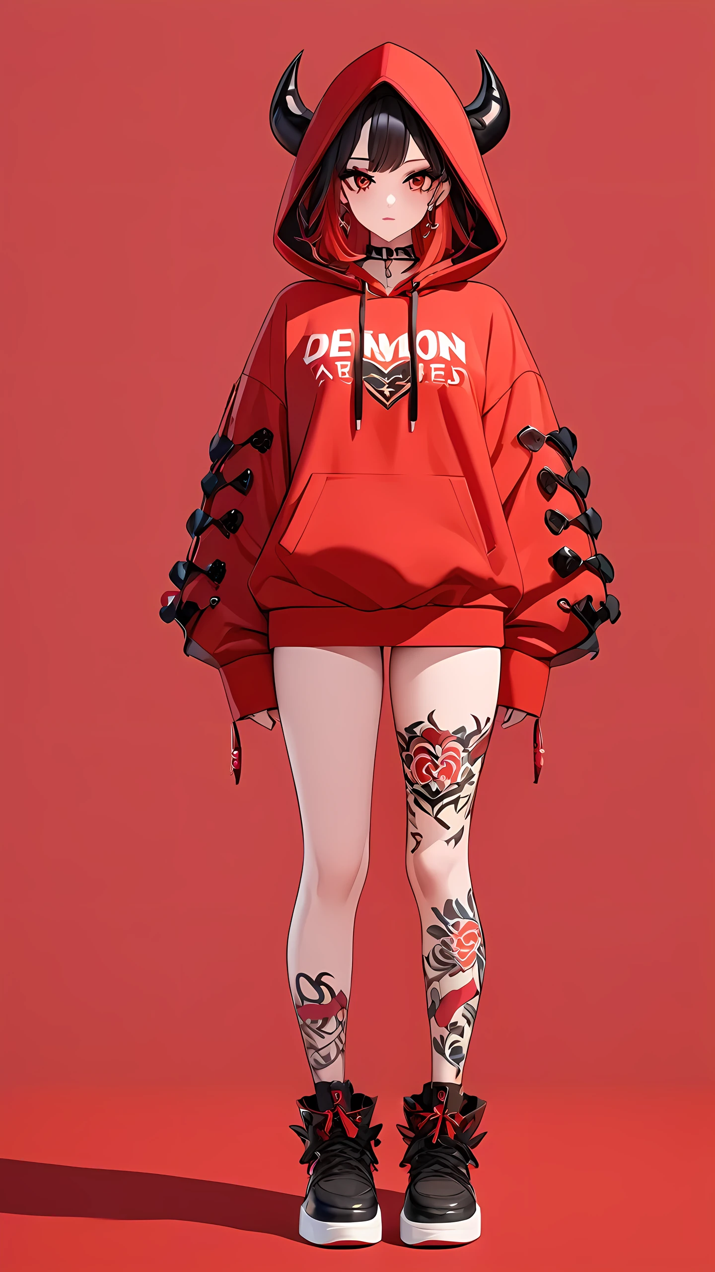 a 3D animated character,1girl, Her decked out in an big red themed ensemble,complete with a hoodie adorned, Her laid-back demeanor contrasts with the vibrant,demon accessories, ((on an red background)), array of tattoos, masterpiece,best quality,
