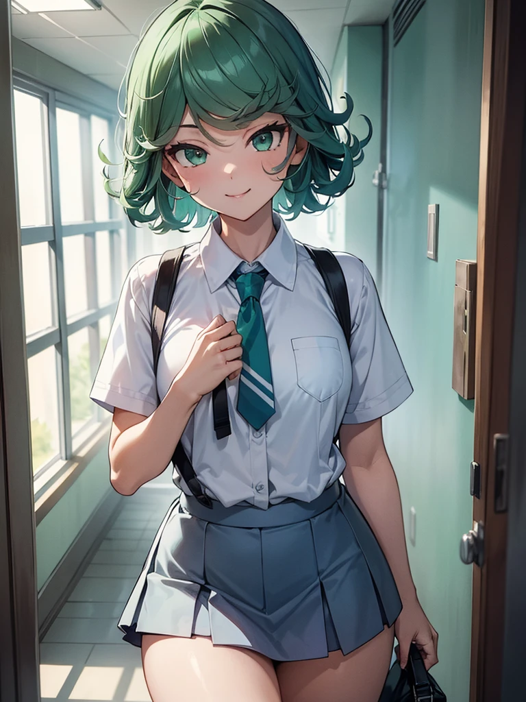 (high res, 8K, masterpiece, looking at viewer, best quality, very aesthetic, ultra detailed, ultra background, ultra Eyes) intricate details, 1girl, Tatsumaki, short sleeved white shirt, Light Blue Gray short skirt, Pockets on the left chest, light Blue Gray tie, green short hair, green eyes, Smile Face, Background School Hallway, Cinematic Angle