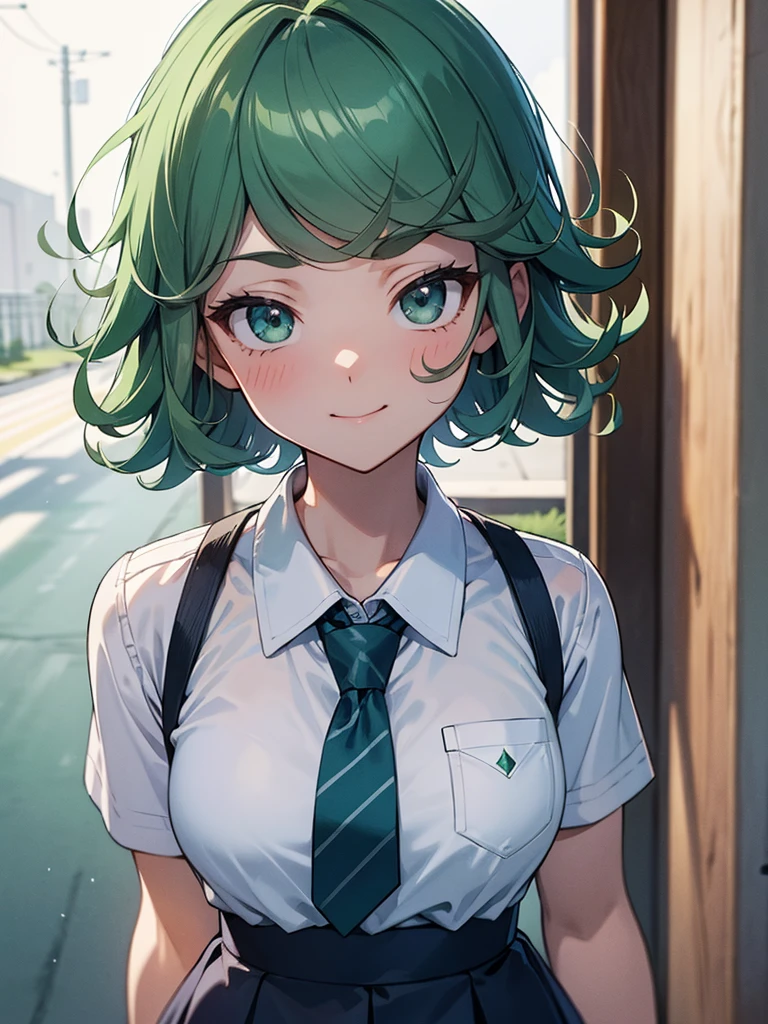 (high res, 8K, masterpiece, looking at viewer, best quality, very aesthetic, ultra detailed, ultra background, ultra Eyes) intricate details, 1girl, Tatsumaki, short sleeved white shirt, Light Blue Gray short skirt, Pockets on the left chest, light Blue Gray tie, green short hair, green eyes, Smile Face, Background School Hallway, Cinematic Angle