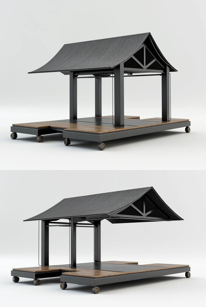 photorealism indonesia moveble platform with minangkabau roof design as concept and contemporary design metal structure, only metal structure with wheel. this structure saperate and devide into two part. can join and saperator