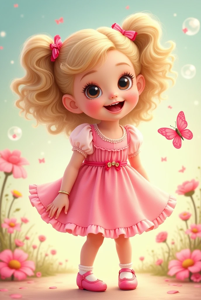 Four-year-old girl dressed in pink in Barbie-style drawing