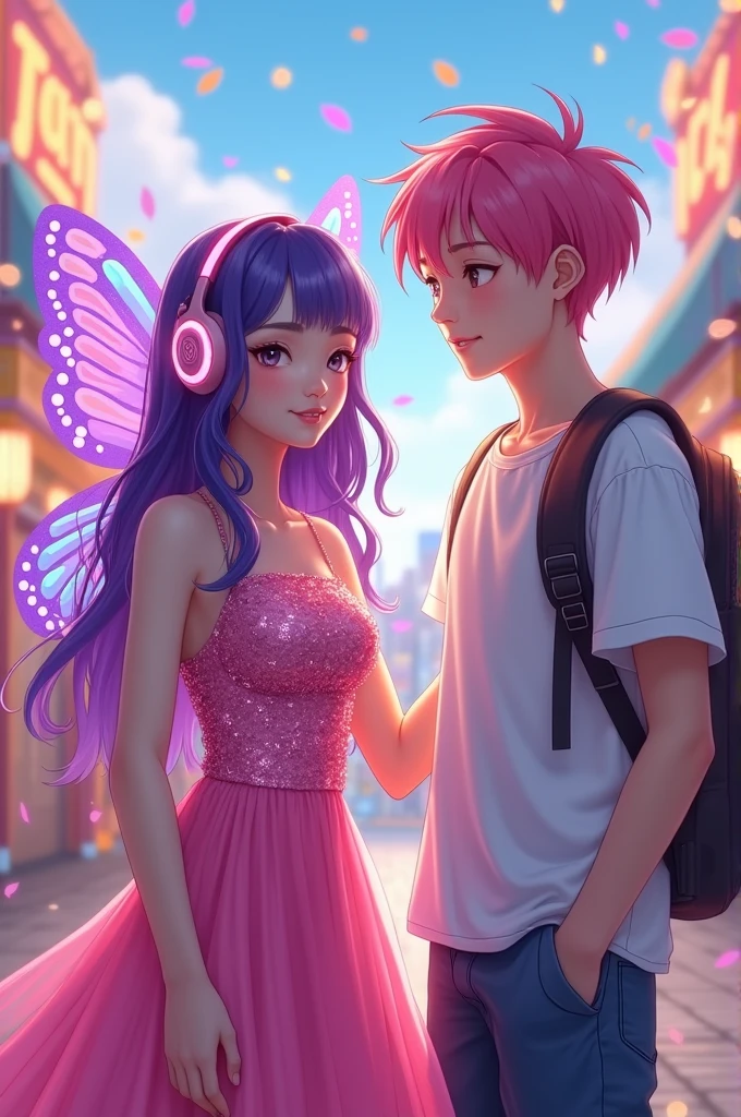 In the vibrant amusement park, a purple-haired korean woman stands out. She has a magical appearance, like a butterfly, in a shiny pink dress that shines under the park lights. Your headphones are modern and flashy, complementing your charming look. Next to you, there is a young man with pink hair, also using headphones. He wears casual clothes, comfortable to enjoy the attractions. The friendship between the two is evident in their smiles and the way they share the fun and excitement of the park.. standing together, they explore the attractions and create unforgettable memories.