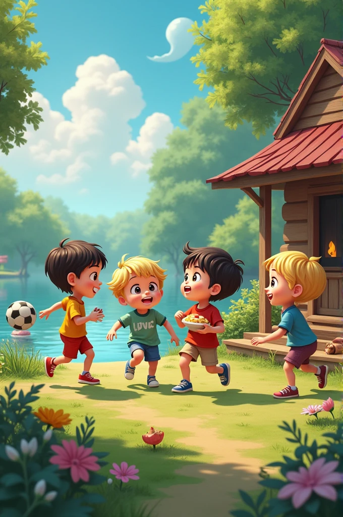 Image with several children, playing football, bubble of luck, swimming and thinking about grandma&#39;s treats, that are made in a wood stove.