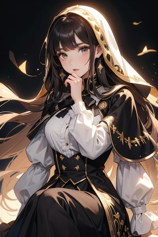 Woman, long straight brown hair, white blouse with puffed sleeves, black ribbon around her neck, long black skirt with gold embroidery, black peplum with the same pattern, black high heel boots, white cape with a hood that is covering half of her face.