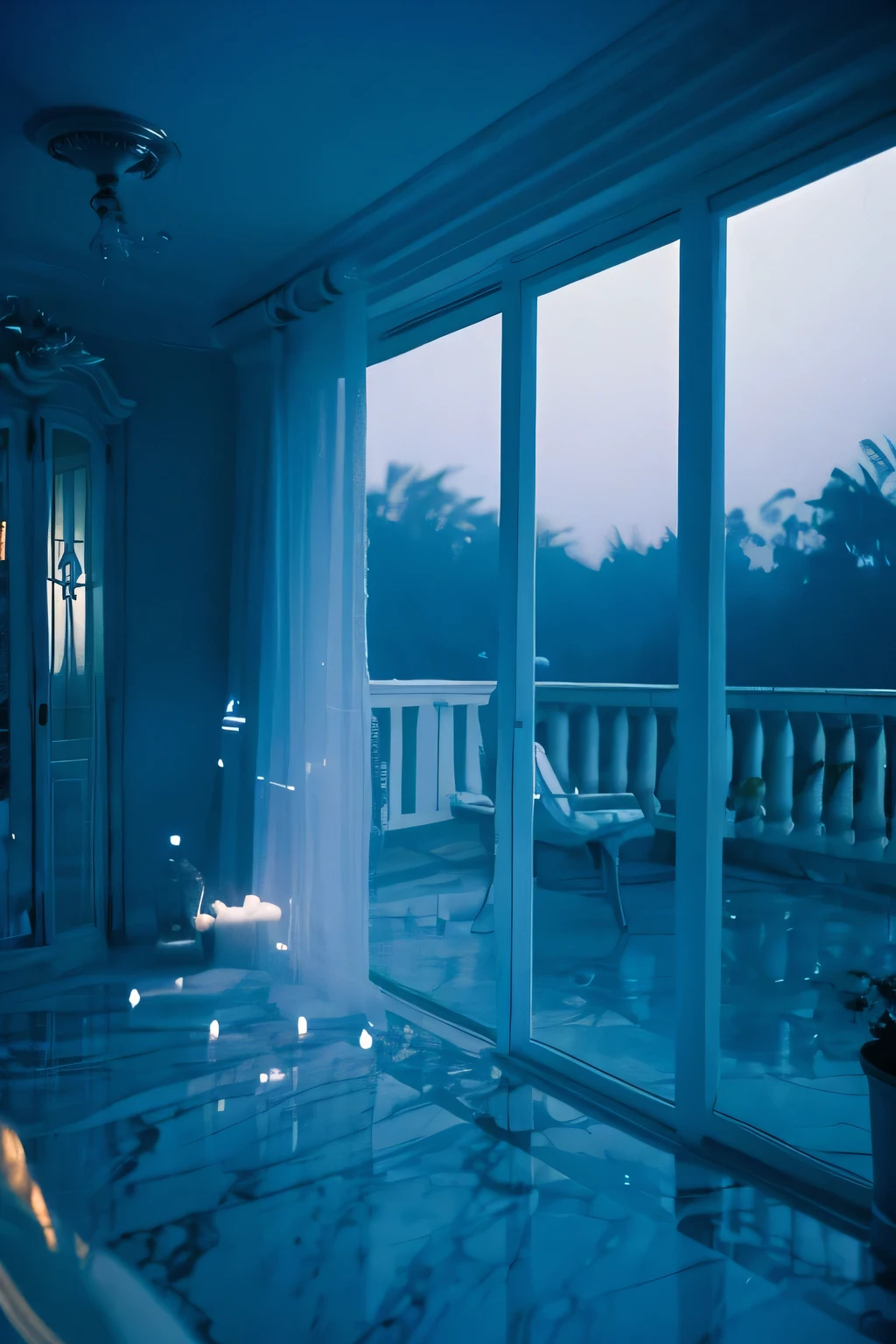 a white dreamy house, luxury garden, retro, foggy, soft focus, year of 1995, cool lighting, muted pastel colors, glowing atmosphere, dramatic shadows, cinematic composition, dream-like quality, ethereal, romantic, soft focus photography, dark blue hour, midnight, windy, marble, silver and mirrors, hazy