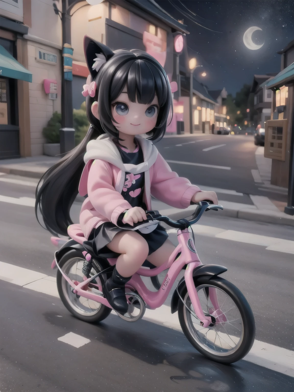 a cute kawaii girl riding a bicycle, night scene, fantasy wolrd style