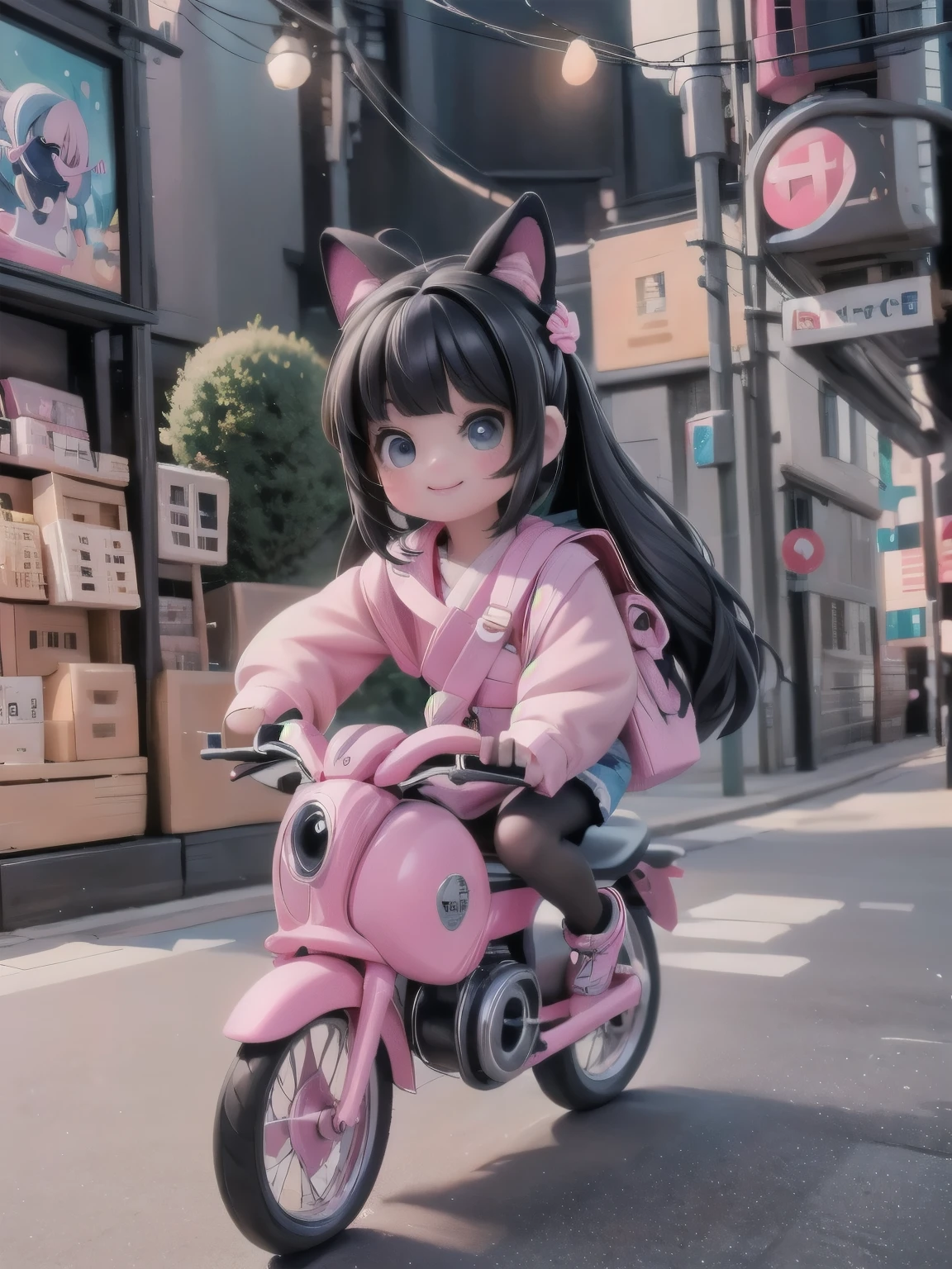 a cute kawaii girl riding a bicycle, night scene, fantasy wolrd style