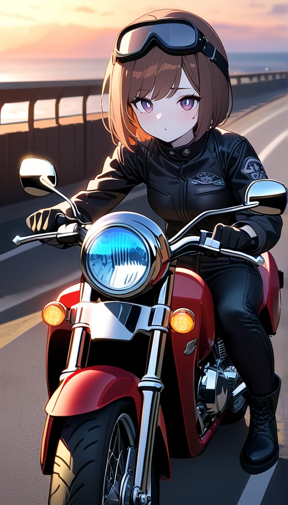 (1 person),(Best image quality, 8k, masterpiece:1.3), Anatomically correct, ((Brown hair bob cut:1.1)),(Swept-apart bangs,), (Cute eyes, Dark Eyes), (Mole under right eye), (thin),(Glowing Skin:1.1),(Pale skin:1.2),(Fantasyな雰囲気),(look up),Ultra-high resolution, Textured skin, Sparkle Effect, Fantasy,Bright Eyes,adult,
Black Riders,Black Leather Pants,Black leather gloves,Black Leather Boots,Wearing goggles on your head,Crown a helmet,
Riding American Motorcycles,Seaside Road,sunset,Sunset,
Lots of white space,