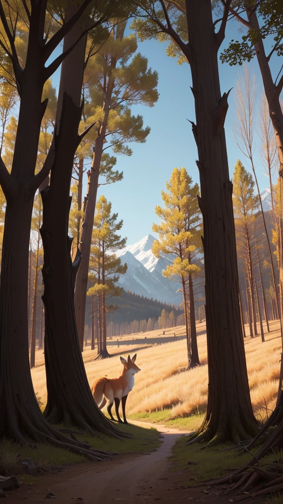 A cruel fox in the valley hide behind of trees for hunting sheeps