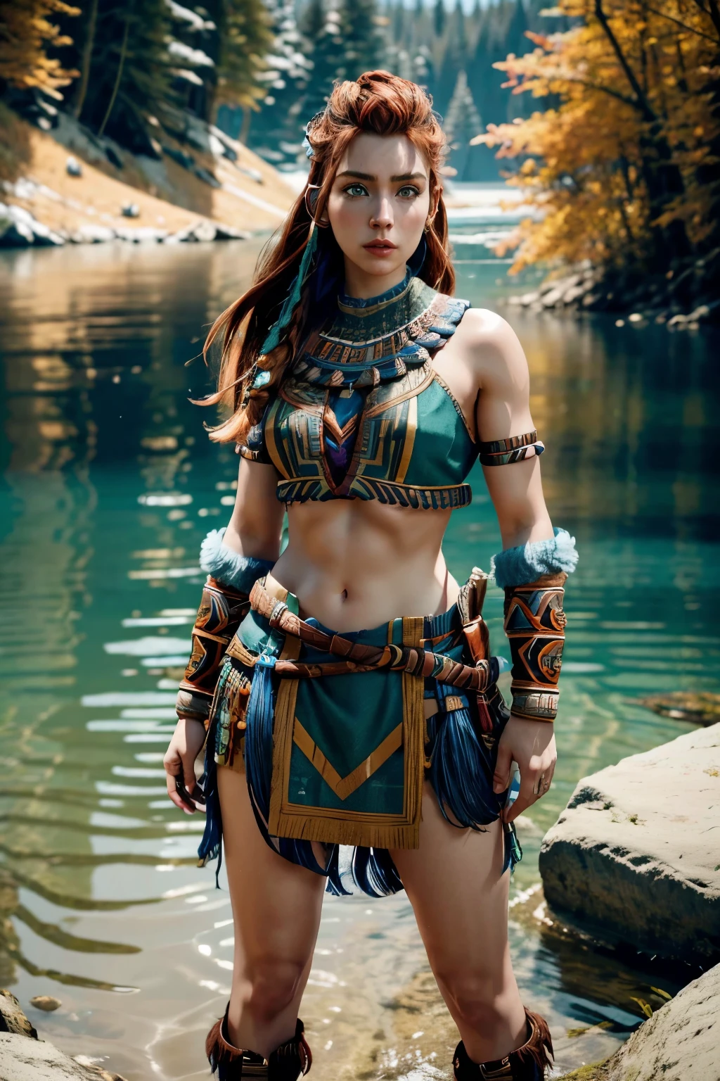 aloy full body, russet hair, blue colored eyes, tribal clothing, behind a lake with crystal clear water, high resolution, super detaill, 8k. Overview